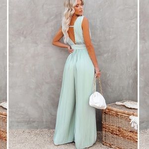 NWOT High Tea Pleated Wide Leg Belted Jumpsuit - Sage